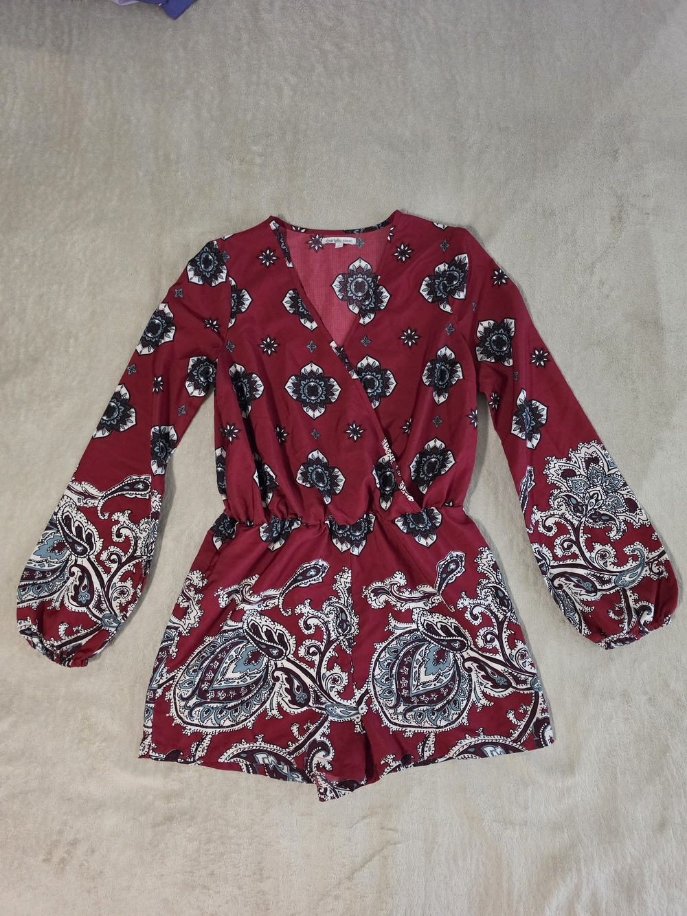 Charlotte Russe Burgundy Paisley Wrap-Style Romper